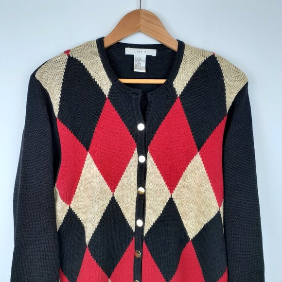 Vintage Argyle Cardigan, Size M. Red Black Gold Retro Holiday Button Up Lisa J - Picture 5 of 7